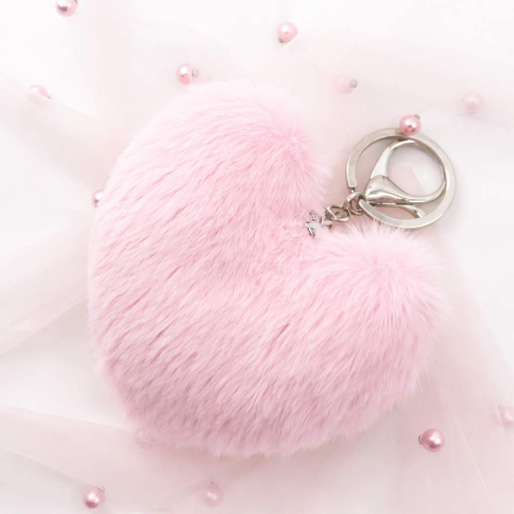 Fluffy pink heart key ring