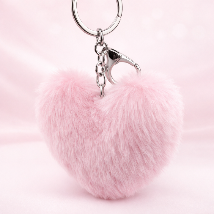 Fluffy pink heart key ring
